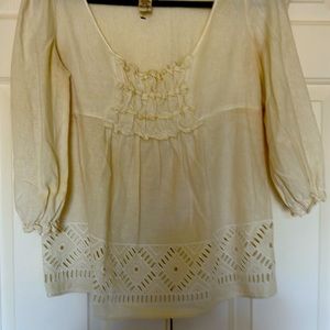 Ivory LINEN Max studio, cutwork emb dressy shirt accents gathered at neck